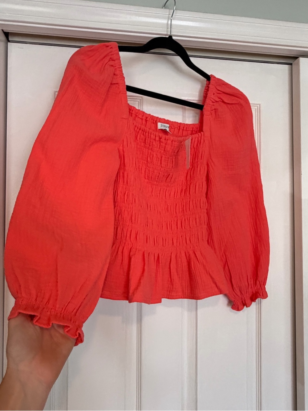 J. Crew Coral Smocked Square-Neck Puff Sleeve Top